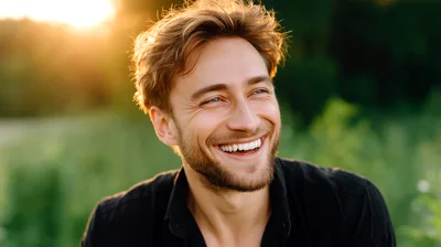 Smiling Man With Stubble Outdoors At Sunset