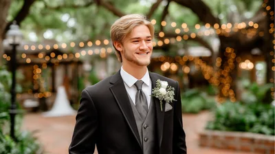 Young Groom Smiling During Outdoor Wedding Ceremony