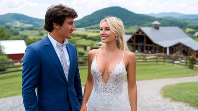 Newlywed Couple Walking Together At A Rustic Wedding Venue