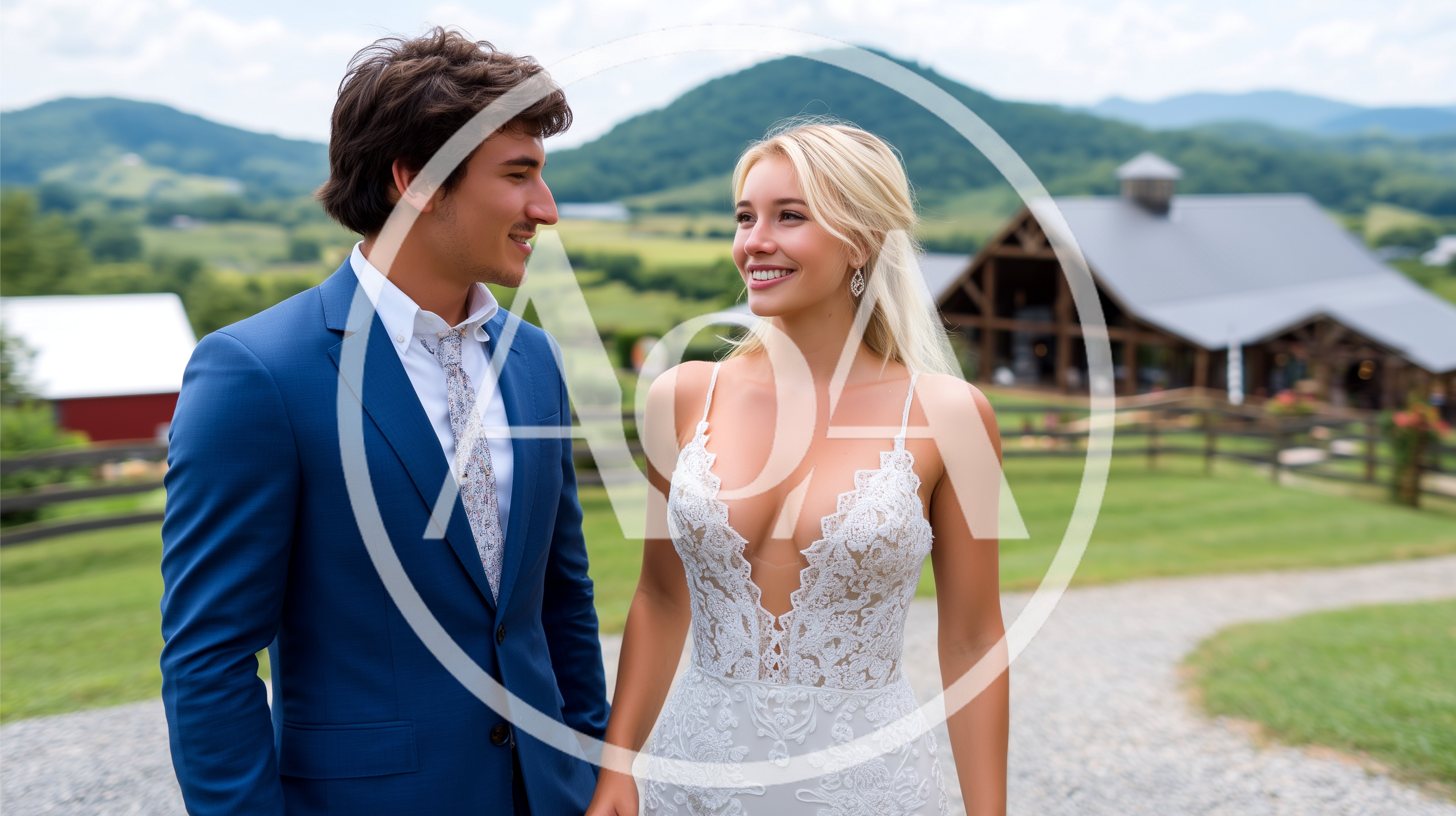 Newlywed Couple Walking Together At A Rustic Wedding Venue