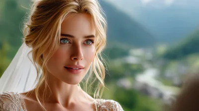 Beautiful Blonde Bride Looking At Groom Outdoors