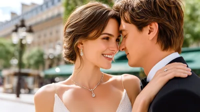 Romantic Newlywed Couple Embracing on a Paris Street