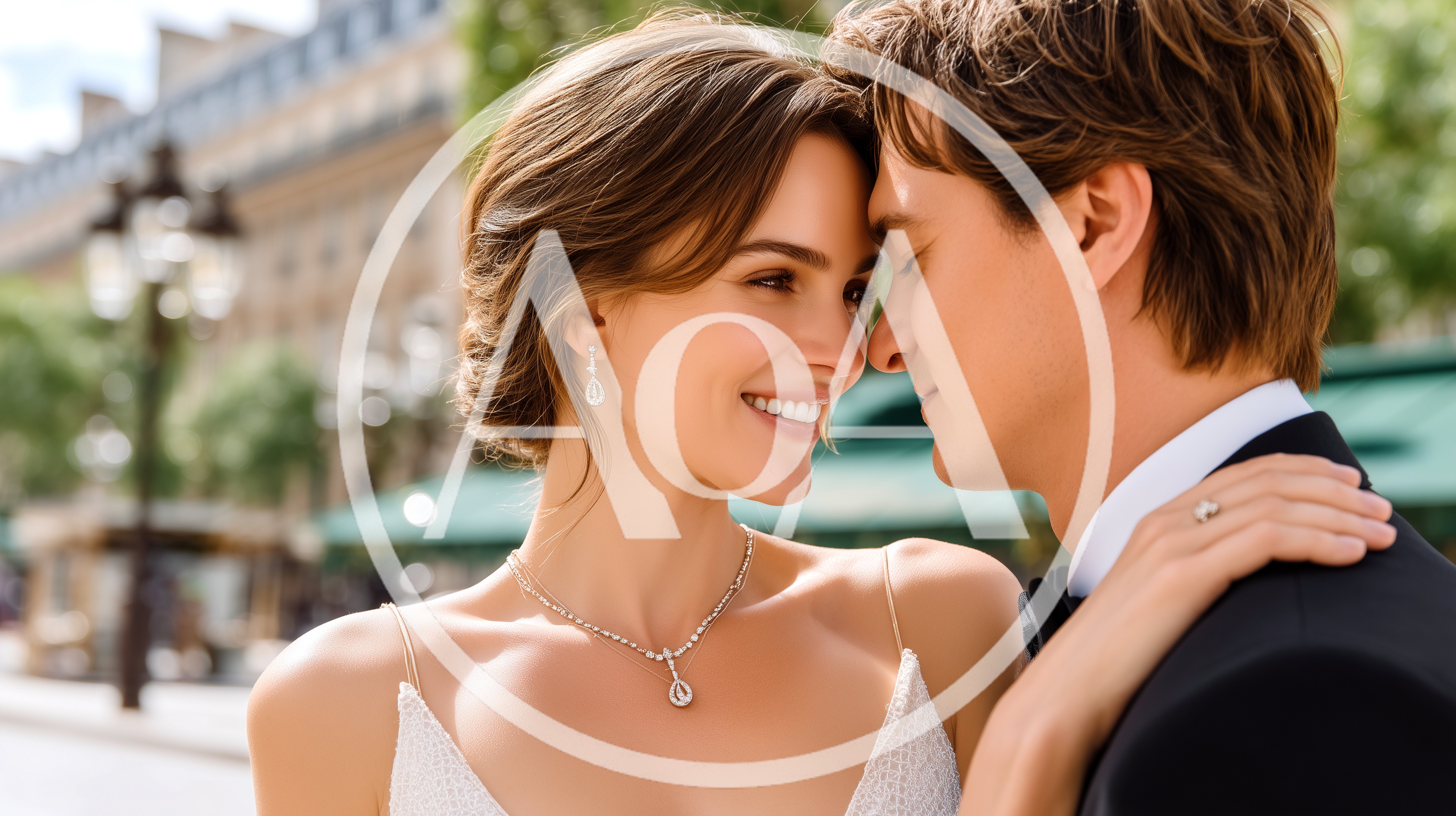 Romantic Newlywed Couple Embracing on a Paris Street