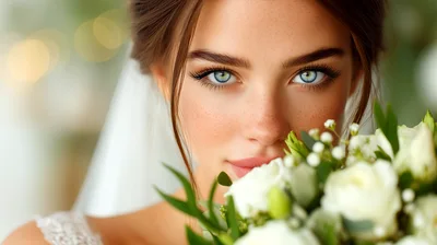 Beautiful Bride Holding A Bouquet Of White Flowers