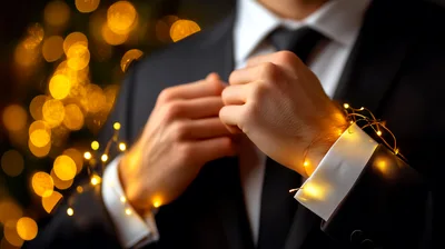 Man Adjusting Tie Wrapped In Fairy Lights