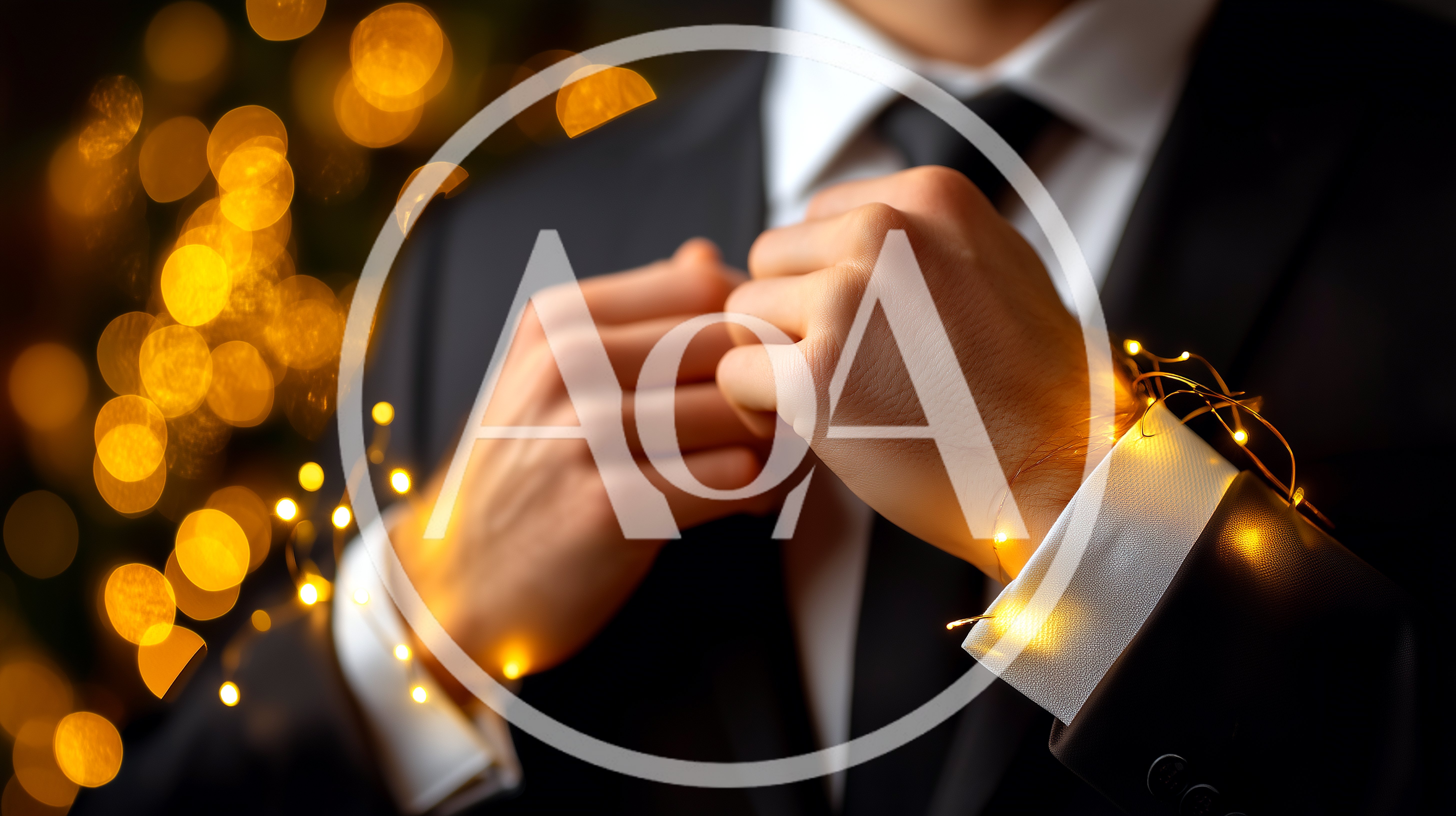 Man Adjusting Tie Wrapped In Fairy Lights