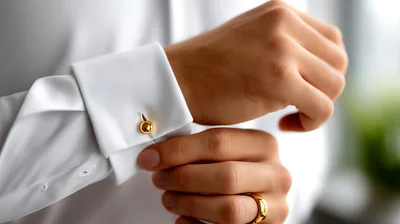 Man Adjusting Gold Cufflinks On White Dress Shirt