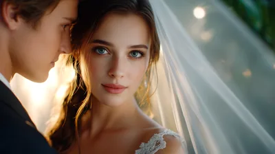 Close Up Portrait Of A Beautiful Bride And Groom