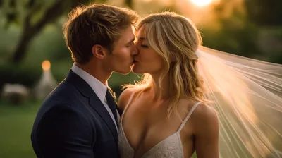 Newlywed Couple Sharing A Romantic Kiss At Sunset