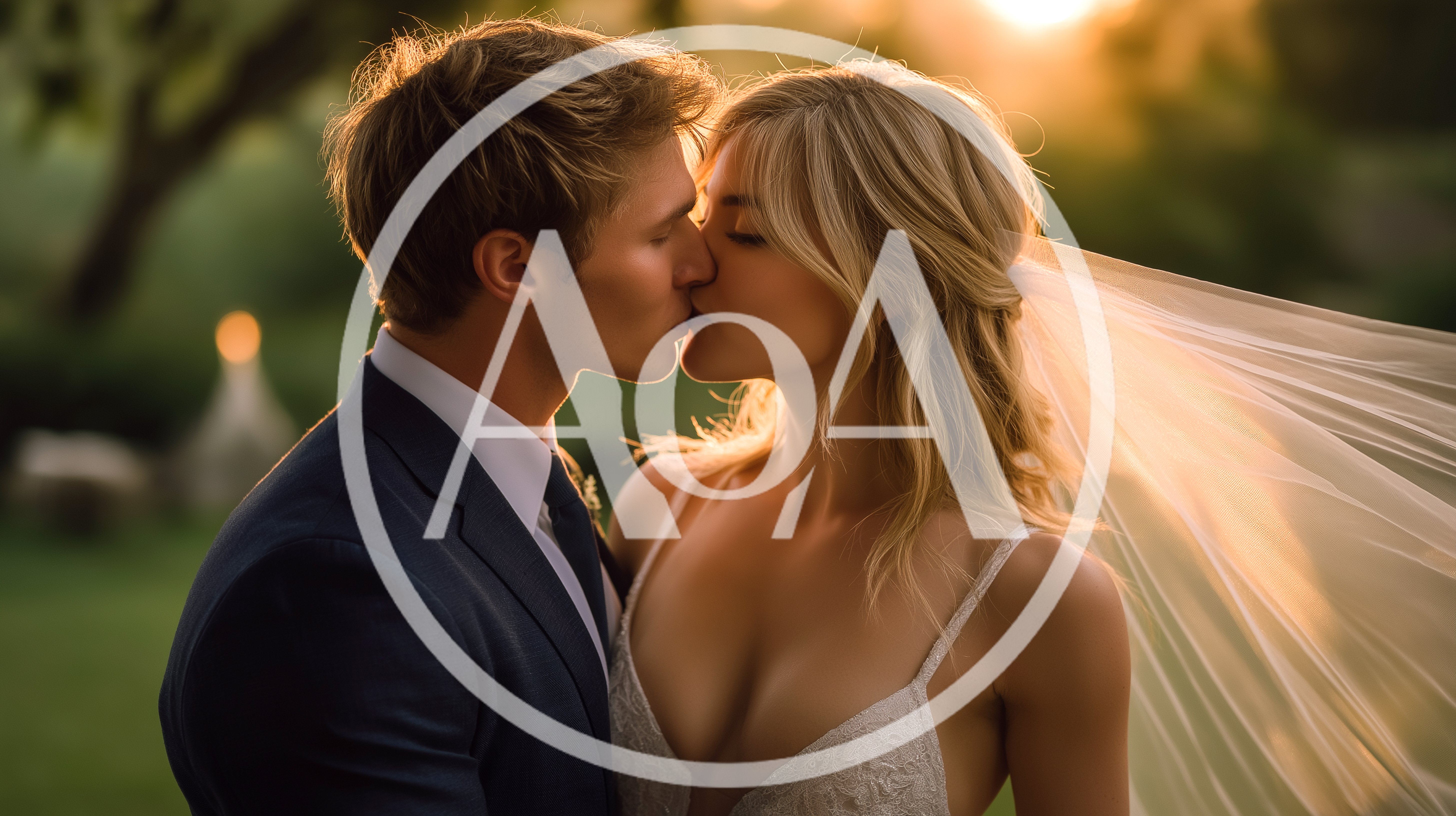 Newlywed Couple Sharing A Romantic Kiss At Sunset