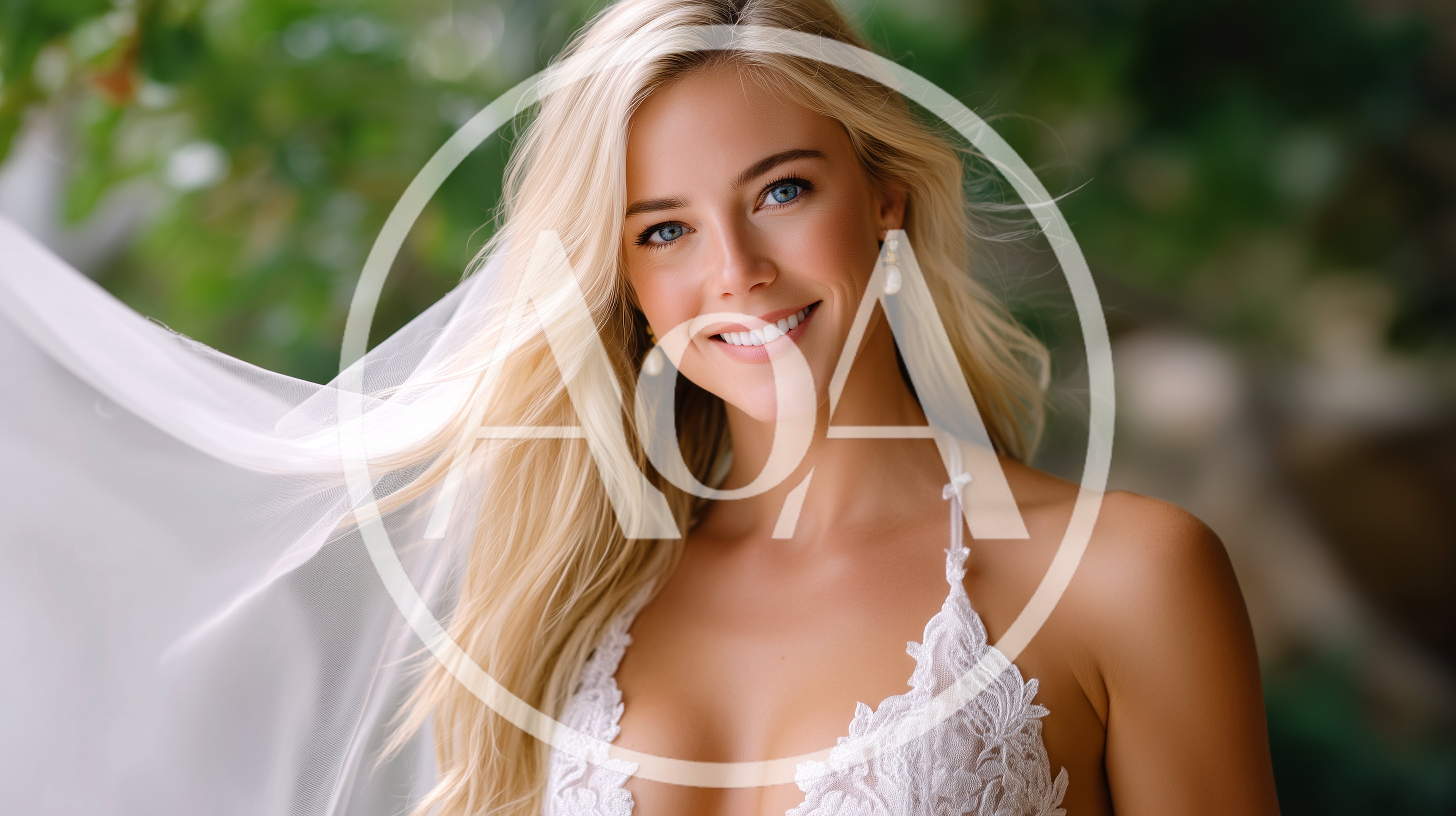 Beautiful Blonde Bride Smiling Outdoors In Wedding Attire