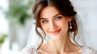 Beautiful Bride Smiling In Elegant Wedding Dress