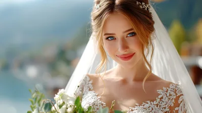 Beautiful Bride Holding Bouquet Outdoors