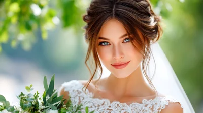 Beautiful Bride With Bouquet In Outdoor Wedding Setting