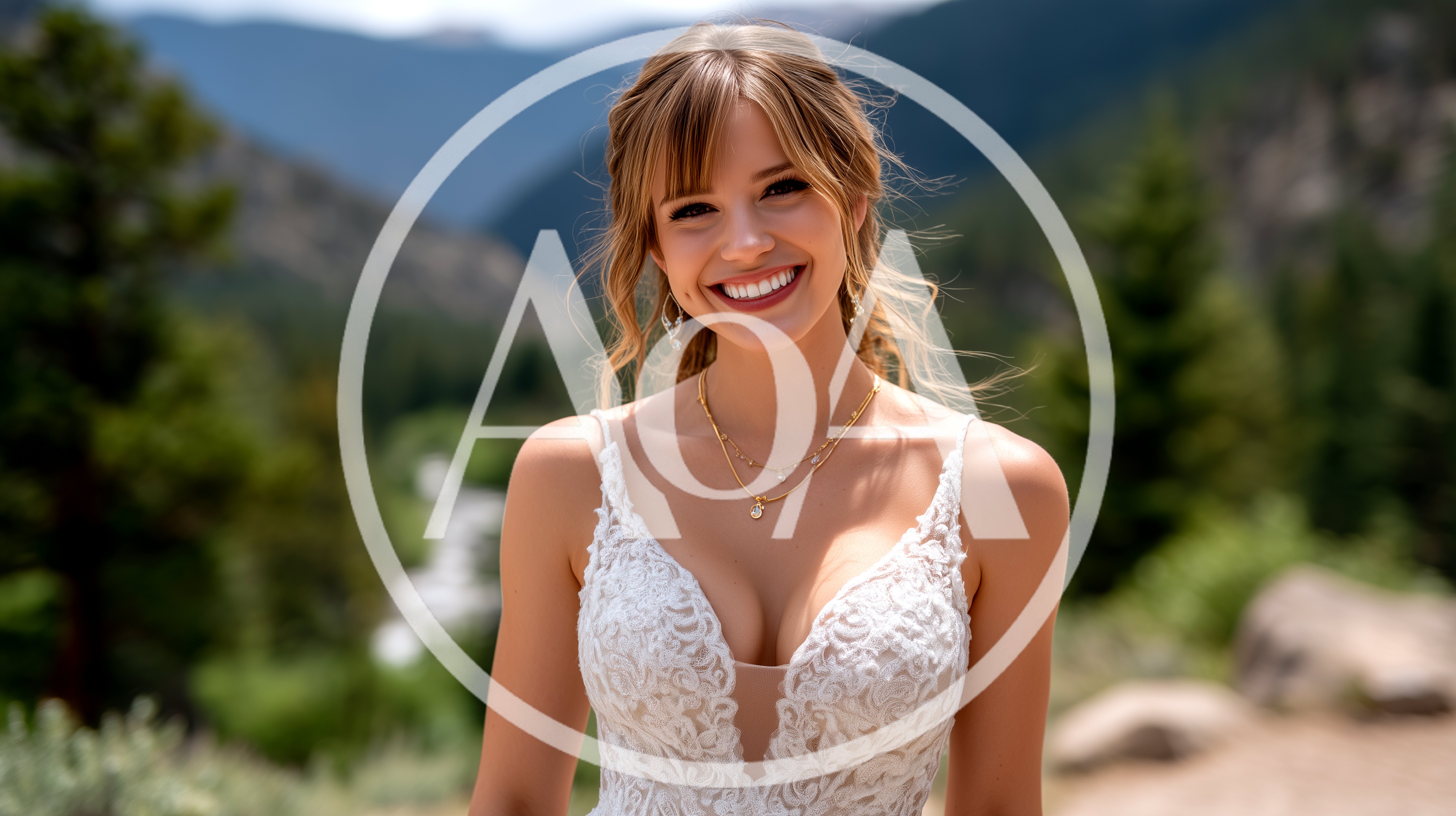 Smiling Bride Standing Outdoors In Mountain Landscape