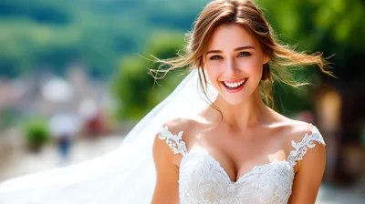Smiling Bride Wearing Lace Wedding Dress Outdoors