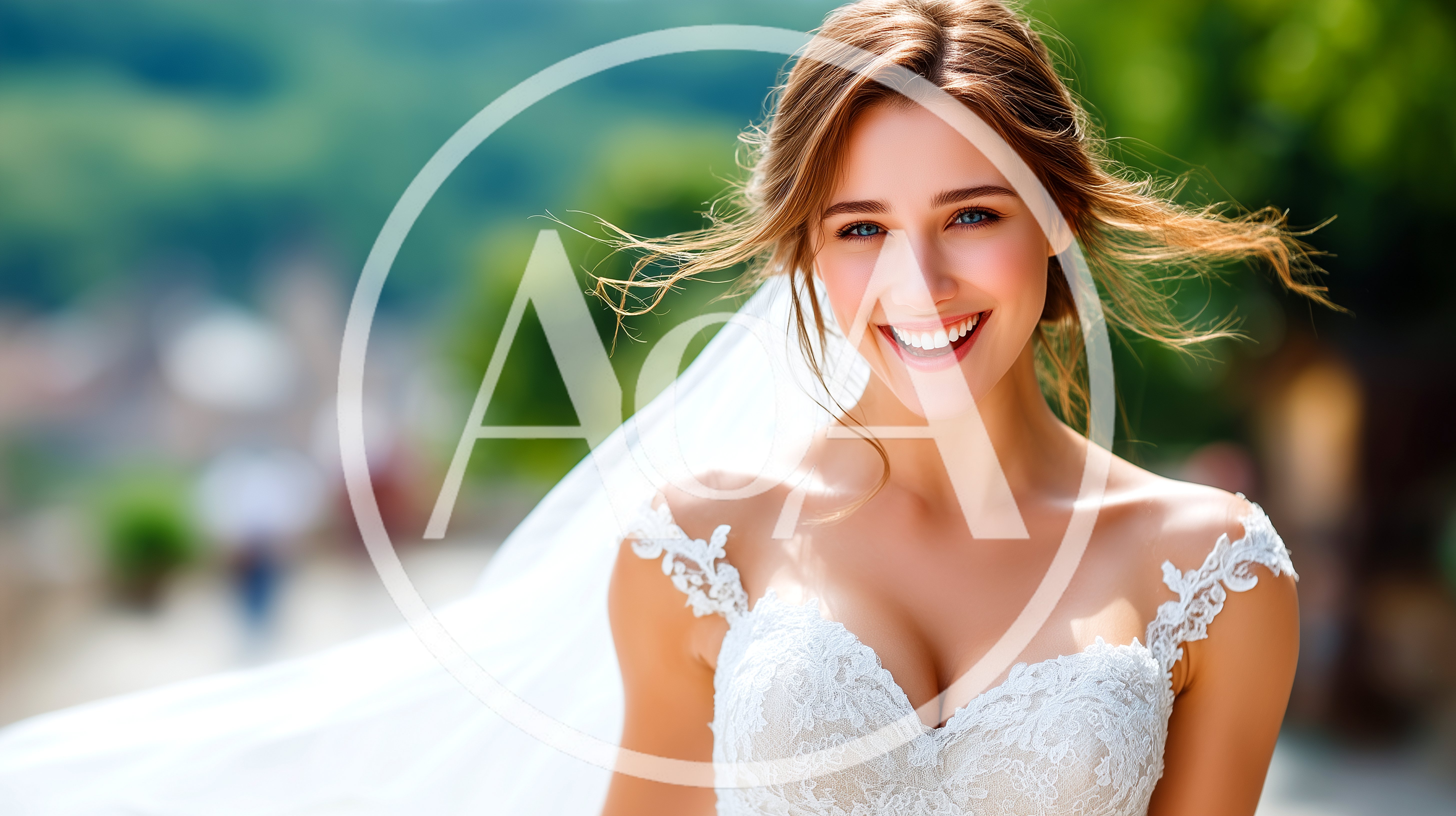 Smiling Bride Wearing Lace Wedding Dress Outdoors