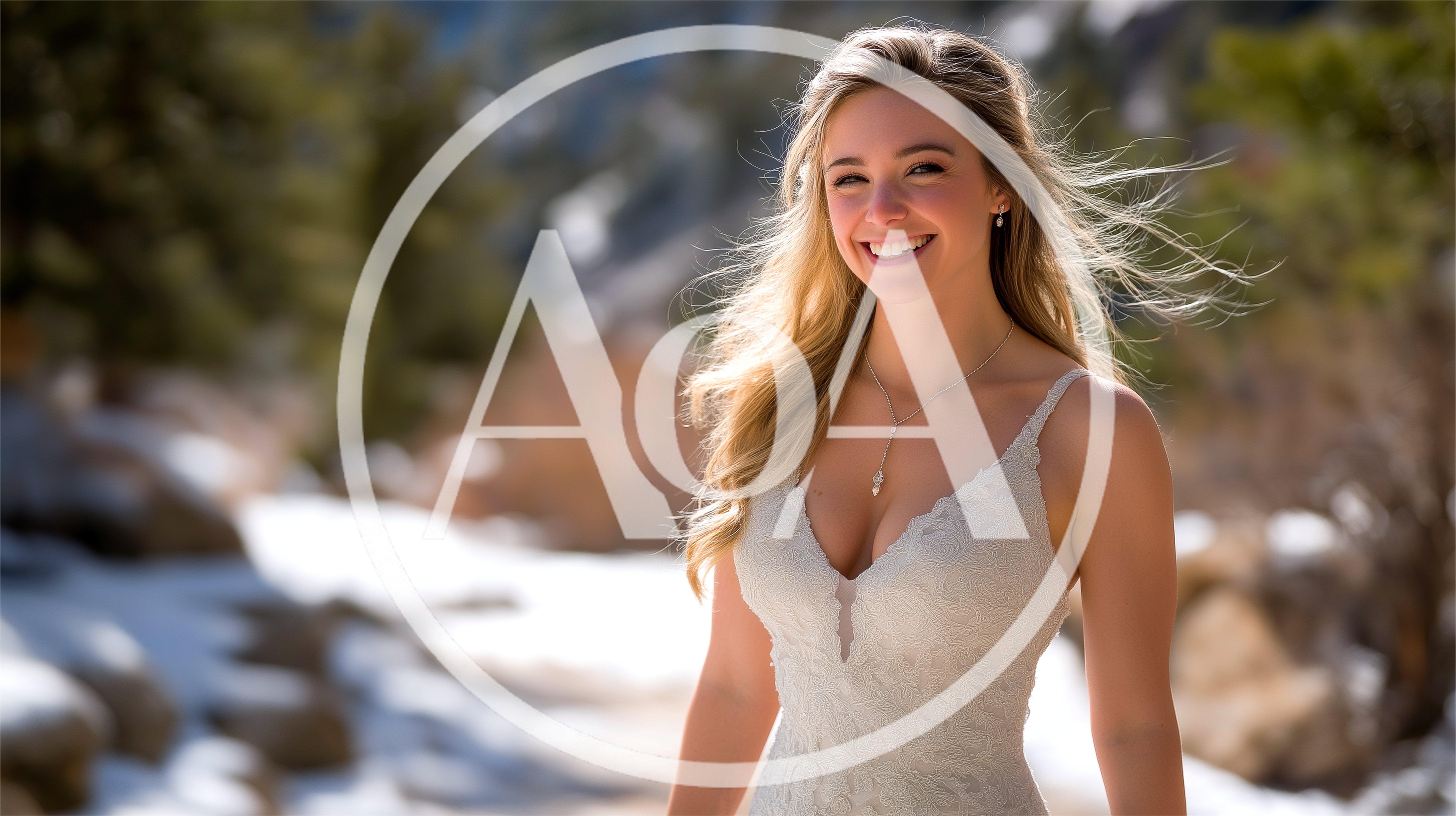 Smiling Blonde Woman In White Lace Wedding Dress