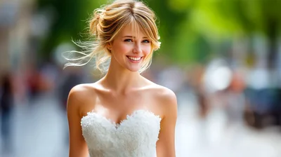 Smiling Blonde Bride In Strapless White Wedding Dress