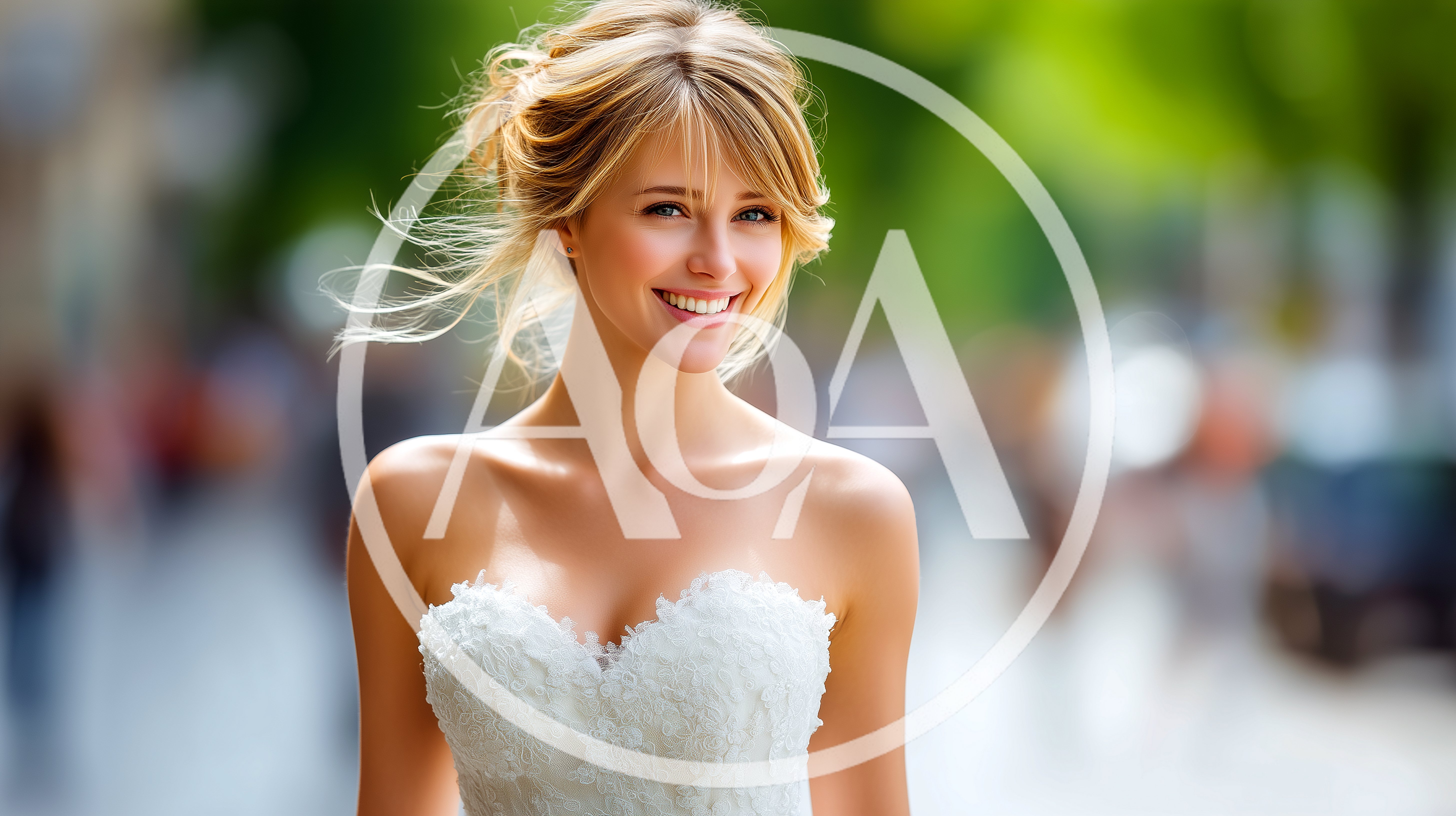 Smiling Blonde Bride In Strapless White Wedding Dress