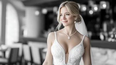 Elegant Blonde Bride In A White Lace Wedding Dress