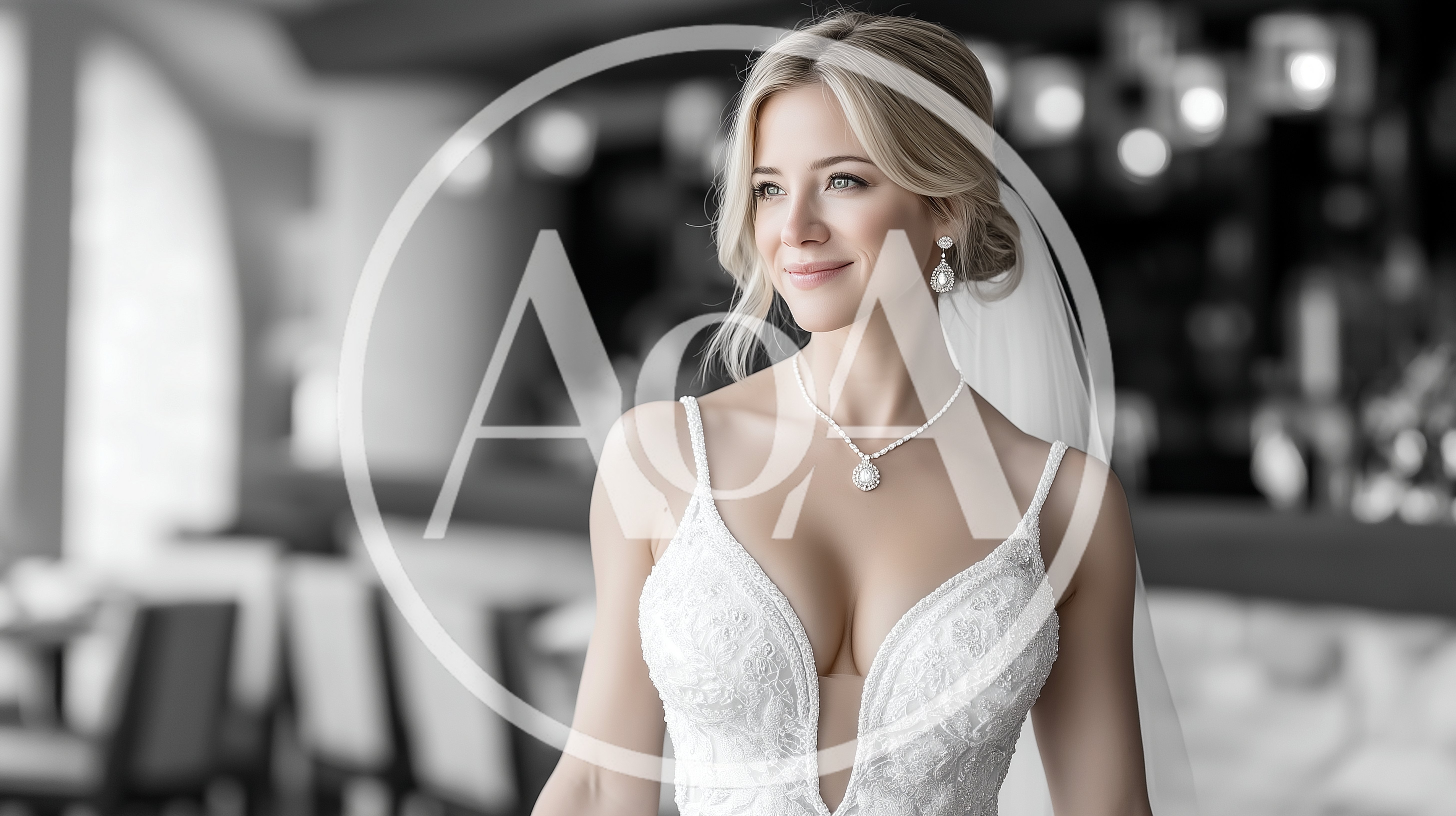 Elegant Blonde Bride In A White Lace Wedding Dress