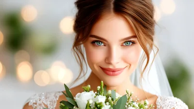 Beautiful Bride Smiling With Wedding Bouquet