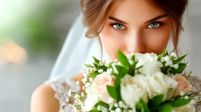 Beautiful Bride Holding A Bouquet Of White Roses