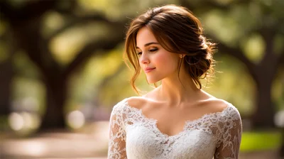 Beautiful Bride With Elegant Updo In Lace Wedding Dress