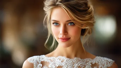 Portrait Of A Beautiful Bride In Lace Wedding Dress