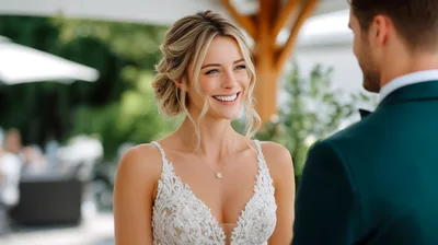 Happy Bride Looking At Groom During Wedding Ceremony