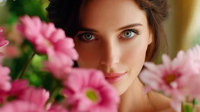 Beautiful Woman Peeking Through Pink Flowers