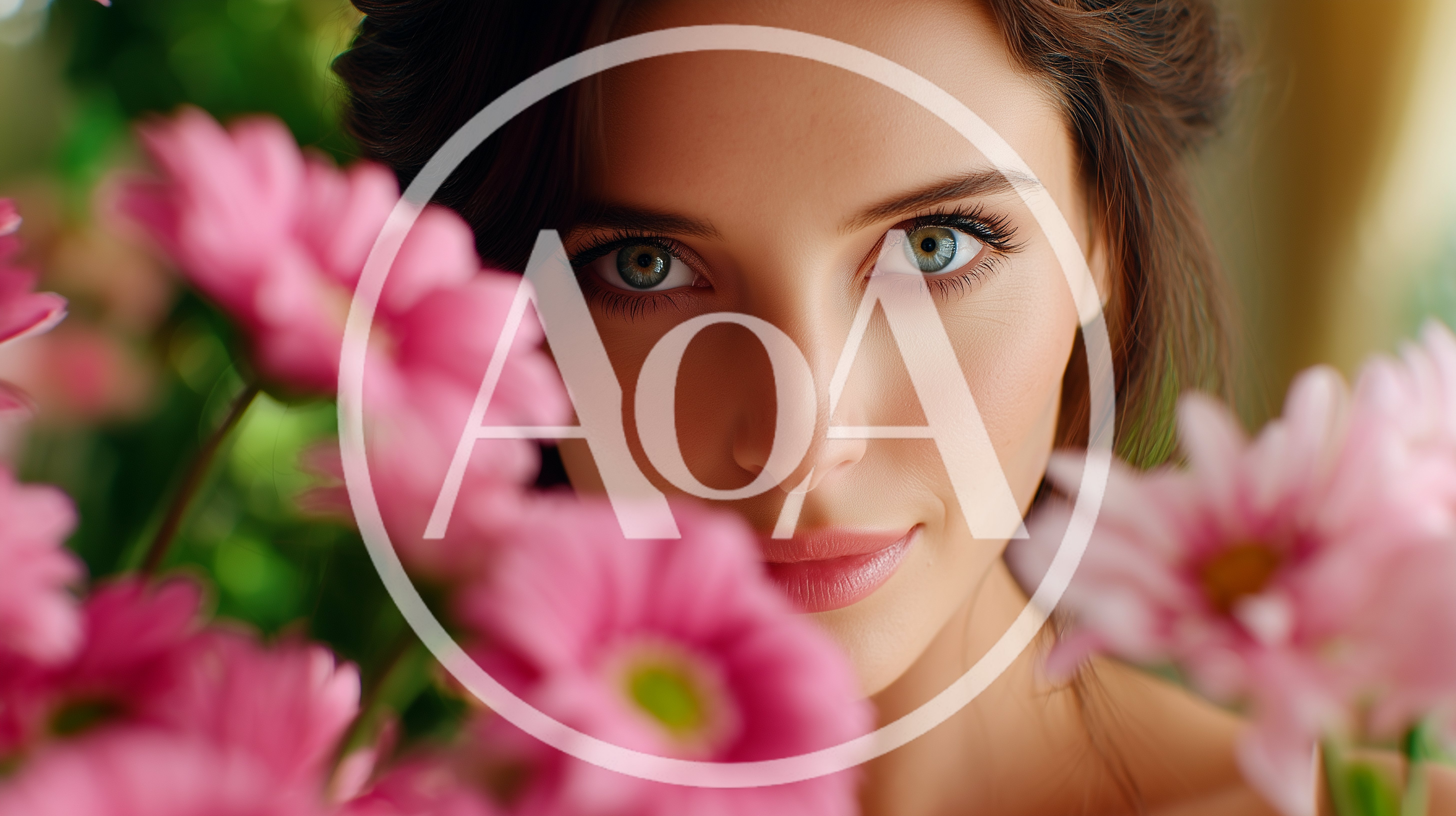 Beautiful Woman Peeking Through Pink Flowers
