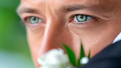Close Up Portrait Of A Groom With Green Eyes