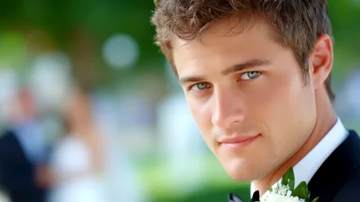 Handsome Groom Looking At Camera In Wedding Attire