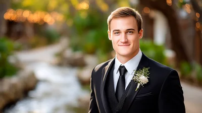 Handsome Groom In Black Suit Standing Outdoors