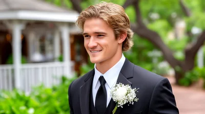 Young Man Wearing A Tuxedo With A Boutonniere