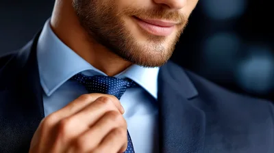 Businessman Adjusting His Blue Polka Dot Necktie