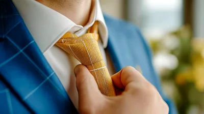Man Adjusting Yellow Striped Tie On Suit
