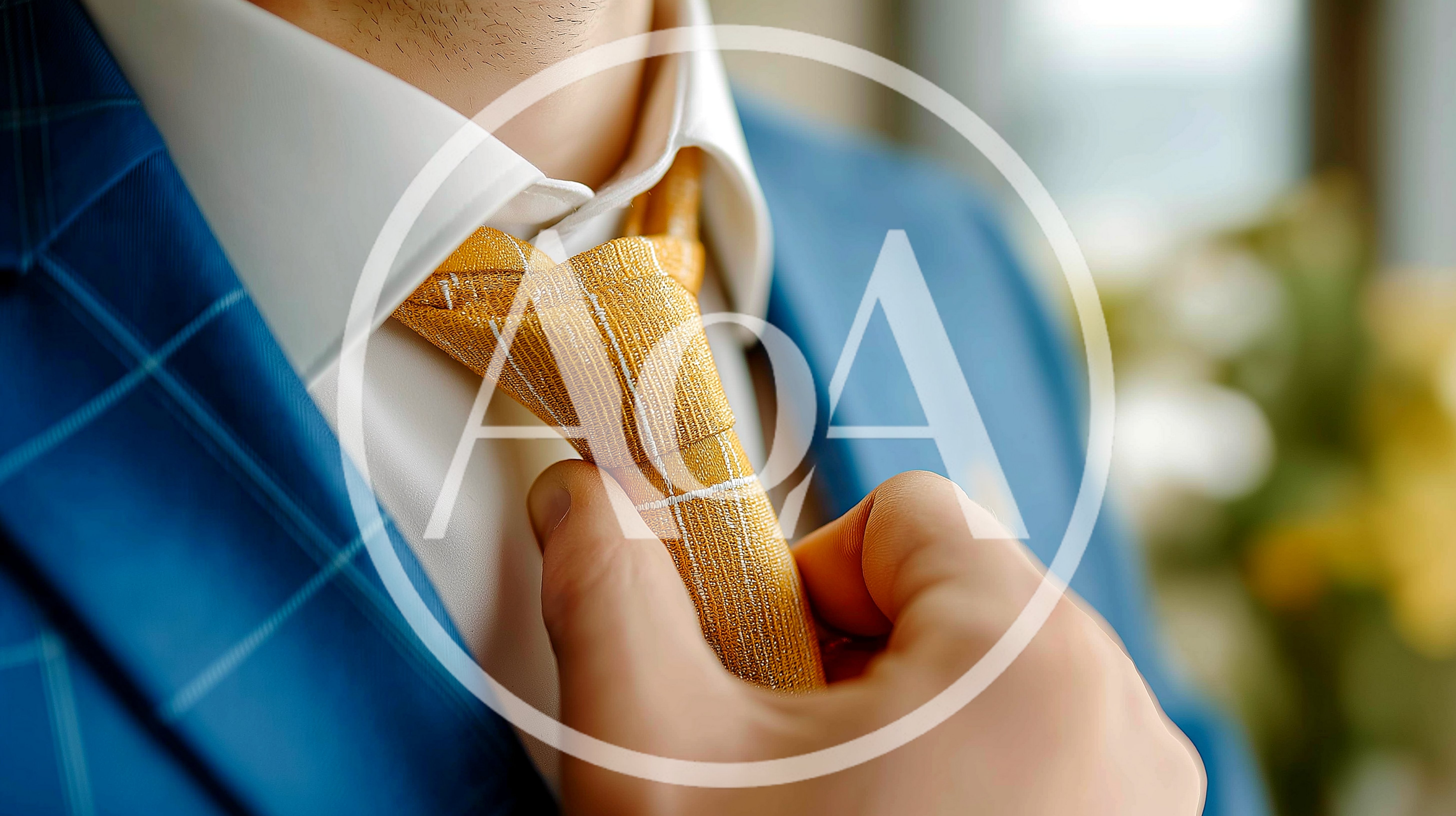 Man Adjusting Yellow Striped Tie On Suit