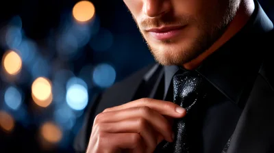 Elegant Man Adjusting His Black Necktie