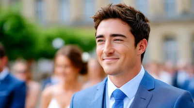 Handsome Groom Smiling During Outdoor Wedding Ceremony