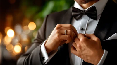 Groom Adjusting His Tuxedo Jacket Before Wedding Ceremony
