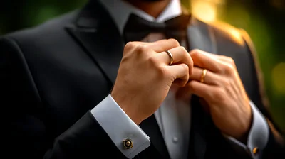 Groom Adjusting His Bow Tie Before Wedding Ceremony