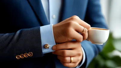 Businessman Holding Coffee Cup Wearing Suit And Cufflinks