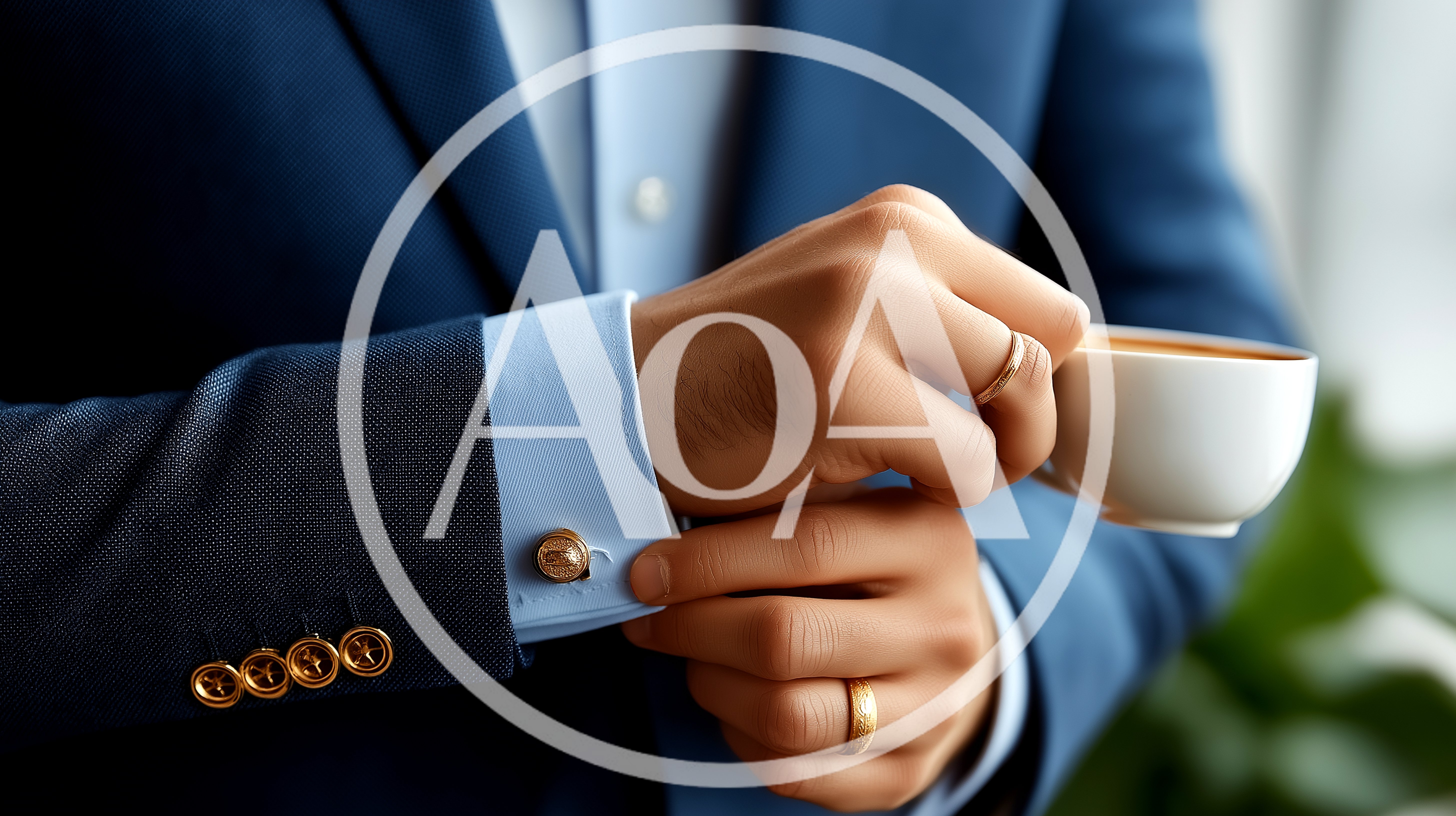 Businessman Holding Coffee Cup Wearing Suit And Cufflinks