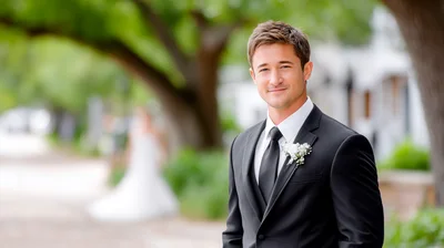 Handsome Groom Standing Outdoors In A Black Suit