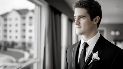 Groom Looking Out Window In Formal Suit