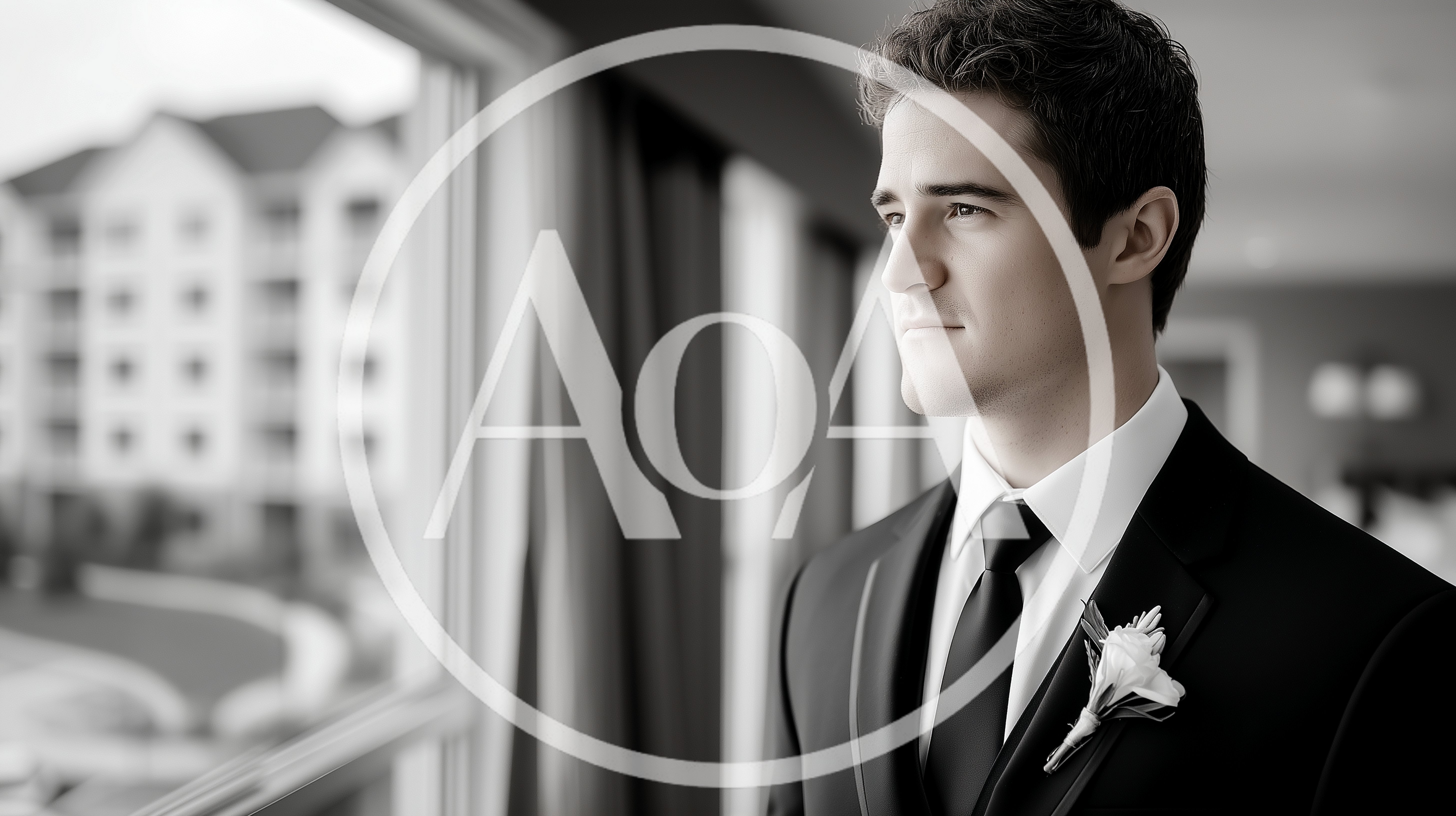 Groom Looking Out Window In Formal Suit
