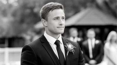 Groom Standing At Wedding Ceremony In Black Suit